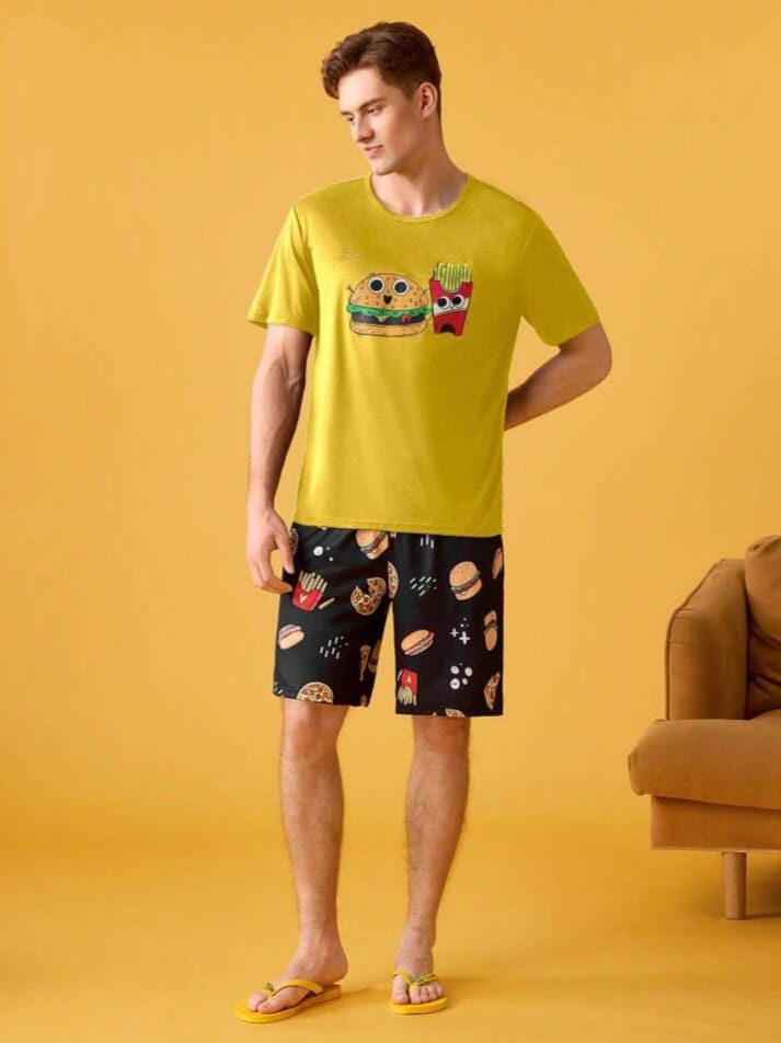 DEEP-SLEEP Funny Snacks Cartoon Fast Food Print Casual Sleepwear Set
